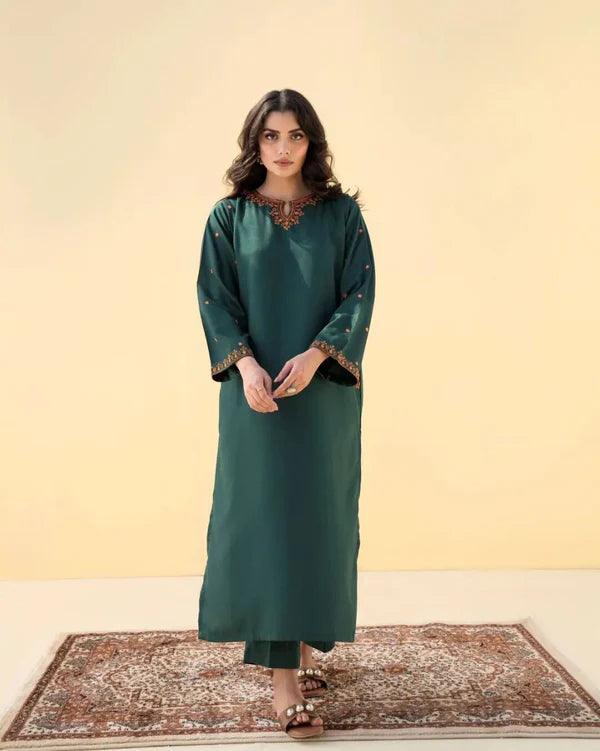 2 PIECE - DECENT GREEN EMBROIDERED SUIT - Alifneesaz